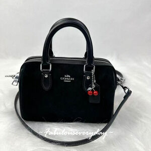 Coach Mini Rowan Crossbody Bag With Cherry Charm In Suede/Sv/Black CDC93 NWT